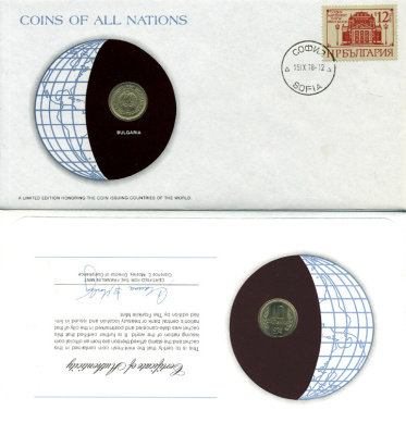 БОЛГАРИЯ 10 СТОТИНОК 1974 КОНВЕРТ С МАРКОЙ ПЕРВОГО ДНЯ ГАШЕНИЯ, COINS OF NATIONS KM 87 никель латунь UNC 4294-16-1