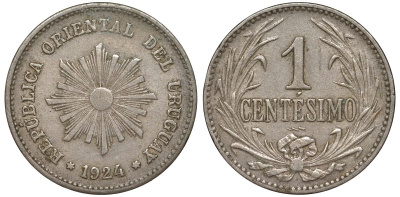 Уругвай 1 сентесимо 1924 KM 19 медно-никель 4181-341