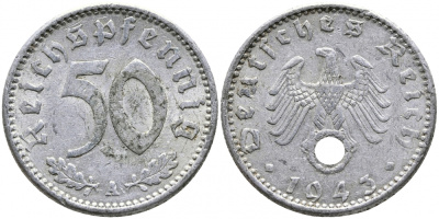 ГЕРМАНИЯ 50 РЕЙХСПФЕННИГОВ 1943 A KM 96, J 372 алюминий 4525-1214