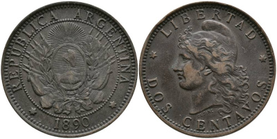 Аргентина 2 сентаво 1890 голова свободы влево KM 8 бронза 4531-931