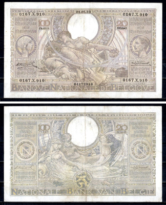 Бельгия 100 франков 1933 Королева Елизавета, король Альберт, аллегорическая женщина ("Сельское хозяйство") Аллегорические фигуры - реки Мозель (Mosa) и Шельда (Scaldis) Pick 107 бумага 6312-65-2-2