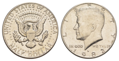США 1/2 доллара (50 центов) 1982 D, Джон Кеннеди KM A202b медь плакированная медно-никелем aUNC 4367-542