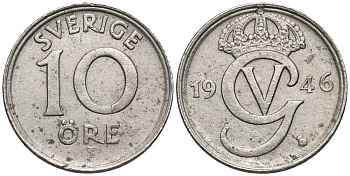 Швеция 10 эре 1946 TS, Густав V (1907-1950 KM 795 никель бронза 4549-1115