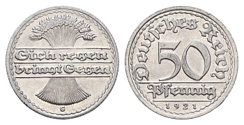 Германия 50 пфеннигов 1921 G KM 27, J. 301 алюминий UNC 3856-1031