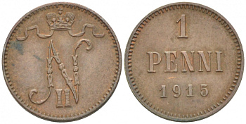 РОССИЯ ДЛЯ ФИНЛЯНДИИ 1 ПЕННИ 1915 НИКОЛАЙ II KM 13, Биткин 475 медь 4396-1454