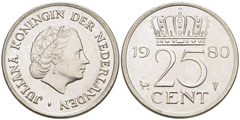 НИДЕРЛАНДЫ 25 ЦЕНТОВ 1980 ЮЛИАНА (1948-1980) KM 183 никель 214-1123