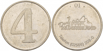 ГЕРМАНИЯ ЖЕТОН ND 01 DORF MUNSTERLAND 4 TELEFON (02566) 208-0 белый металл 4545-124