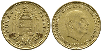 ИСПАНИЯ 1 ПЕСЕТА 1966 (70) ФРАНСИСКО ФРАНКО ДИКТАТОР ИСПАНИИ (1939-1975) КМ 796 алюминиевая бронза 4364-4416