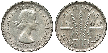 Австралия 3 пенса 1960 m, Елизавета II (1952-2022) KM 57 серебро 71-659