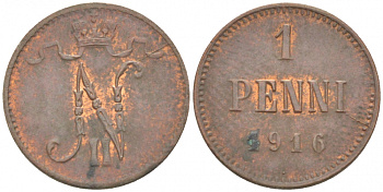РОССИЯ ДЛЯ ФИНЛЯНДИИ 1 ПЕННИ 1916 НИКОЛАЙ II (1895-1917) KM 13, Биткин 476 медь 211-1016