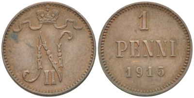 РОССИЯ ДЛЯ ФИНЛЯНДИИ 1 ПЕННИ 1915 НИКОЛАЙ II KM 13, Биткин 475 медь 4396-1454