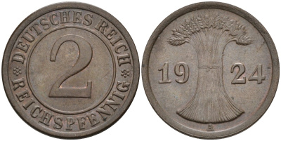 Германия 2 рейхспфеннига 1924 A KM 38, J.314, Weege 4 медь 4584-631