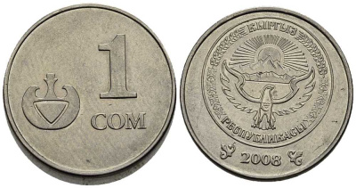 КИРГИЗИЯ 1 СОМ 2008 KM 14 сталь плакированная никелем 34-734