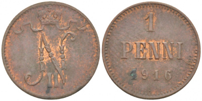 РОССИЯ ДЛЯ ФИНЛЯНДИИ 1 ПЕННИ 1916 НИКОЛАЙ II (1895-1917) KM 13, Биткин 476 медь 211-1016