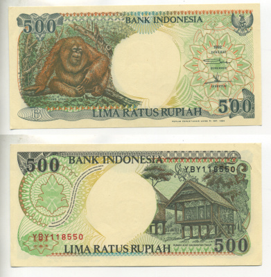ИНДОНЕЗИЯ 500 РУПИЙ 1992/1994 ОРАНГУТАН, КАЛИМАНТАНСКИЙ ДОМ Pick 128с бумага UNC (ПРЕСС) 7222-11-1
