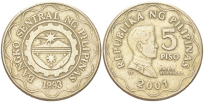 Филиппины 5 писо 2001 KM 272 никель латунь 4122-325