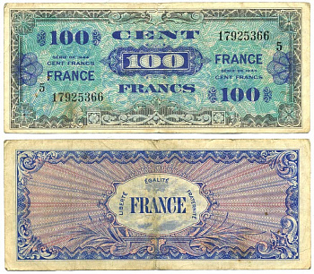 Франция 100 франков 1944 военный выпуск Pick 123 с бумага 6299-2-1