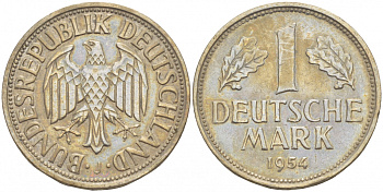ФРГ 1 МАРКА 1954 J KM 110, J. 385 медно-никель 4544-611