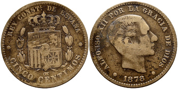 ИСПАНИЯ 5 СЕНТИМО 1878 OM, АЛЬФОНСО XII KM 674 бронза 4391-122