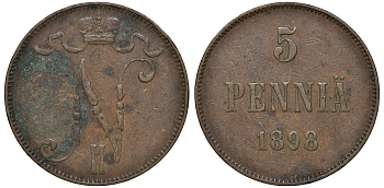 Россия для Финляндии 5 пенни 1898 Николай II (1894-1917) KM 15, Биткин 443 медь 51-731