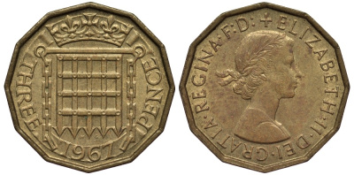 Великобритания 3 пенса 1967 Елизавета II (1952-2022) KM 900, Spink 4153 никель латунь 4538-1142