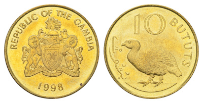 Гамбия 10 бутутов 1998 год-тип KM 56 сталь плакированная латунью UNC 4666-452