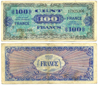 Франция 100 франков 1944 военный выпуск Pick 123 с бумага 6299-2-1