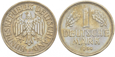 ФРГ 1 МАРКА 1954 J KM 110, J. 385 медно-никель 4544-611