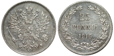 Россия для Финляндии 25 пенни 1916 S, Николай II (1894-1917) KM 6.2, Биткин 421 серебро 75-1338