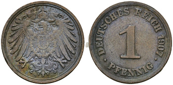 Германия 1 пфенниг 1907 D, Вильгельм II (1888-1918) KM 10, J. 10 медь 4608-149