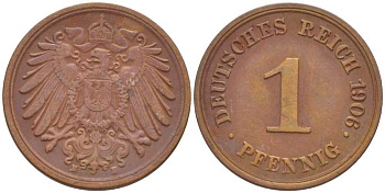 ГЕРМАНИЯ 1 ПФЕННИГ 1906 E KM 10, J. 10, Weege 2 медь 211-335