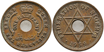 Нигерия 1/2 пенни 1959 Елизавета II (1952-), Британский протекторат KM 1 бронза 4387-219