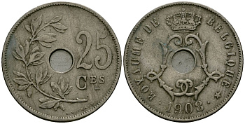 Бельгия 25 сантимов 1908 Belgique KM 62 медно-никель 4168-1135