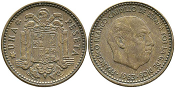 Испания 1 песета 1963 (64) Франсиско Франко (1939-1975) KM 775 алюминиевая бронза 110-1151