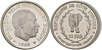 Кот-д'Ивуар 10 франков 1966 союз, дисциплина, работа KM 1серебро PROOF 11-226-34