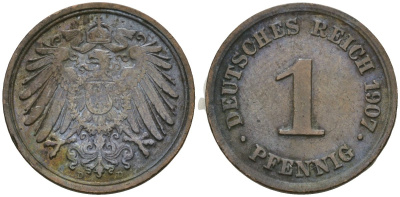 Германия 1 пфенниг 1907 D, Вильгельм II (1888-1918) KM 10, J. 10 медь 4608-149