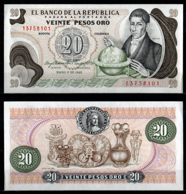 Колумбия 20 песо 1983 Pick 409 d бумага UNC (пресс) 7191-52-3-1