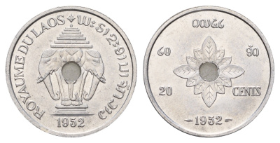 Лаос 20 сантимов 1952 год-тип KM 5 алюминий UNC 4678-321