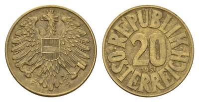 Австрия 20 грошей 1951 KM 2877 алюминиевая бронза 4173-747