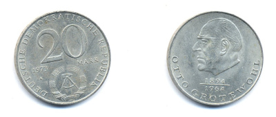 ГДР 20 марок 1973 А, Отто Гротеволь (1894-1964) KM 47 медно-никель 3333-445