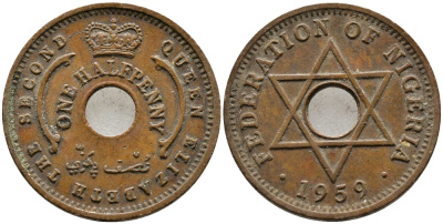 Нигерия 1/2 пенни 1959 Елизавета II (1952-), Британский протекторат KM 1 бронза 4387-219