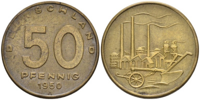 ГДР 50 пфеннигов 1950 А, фабрика KM 4 алюминиевая бронза 4575-516