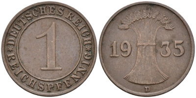 Германия 1 рейхспфенниг 1935 D, Веймарская республика KM 37 бронза 4547-729