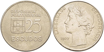 ПОРТУГАЛИЯ 25 ЭСКУДО 1977 KM 607 медно-никель 4542-815