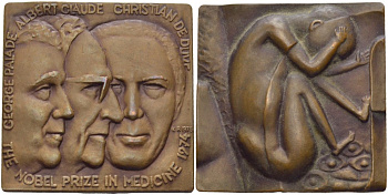 НИДЕРЛАНДЫ ПЛАКЕТКА 1975 ДЖОРДЖ ПАЛАДЕ (1912-2008), АЛЬБЕРТ КЛОД (1899-1983), КРИСТИАН де ДЮВ (1917-2013) ЛАУРЕАТУ НОБЕЛЕВСКОЙ ПРЕМИИ ПО МЕДИЦИНЕ И ФИЗИОЛОГИИ 1974 ГОДА, РАЗМЕР 40Х40 ММ. бронза 1088-2-43