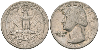 США 25 центов (квотер) 1967 Вашингтон KM 164a медь плакированная медно-никелем 4604-1154