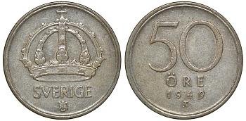 Швеция 50 эре 1949 TS, Густав V (1907-1950) KM 817 серебро 4179-1011