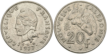 Французская Новая Каледония 20 франков 1977 три быка, (IEOM) KM 12, Schoen 14, Lec 107 никель 71-1216