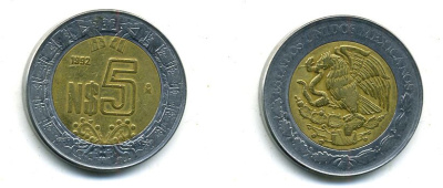 МЕКСИКА 5 ПЕСО 1992 биметалл 4-411