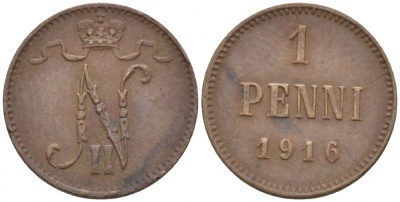 РОССИЯ ДЛЯ ФИНЛЯНДИИ 1 ПЕННИ 1916 НИКОЛАЙ II (1895-1917) KM 13, Биткин 476 медь 211-1054